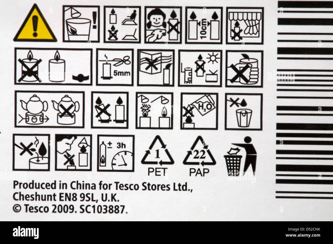 Consignes de sécurité pour les bougies sur pack Banque D'Images