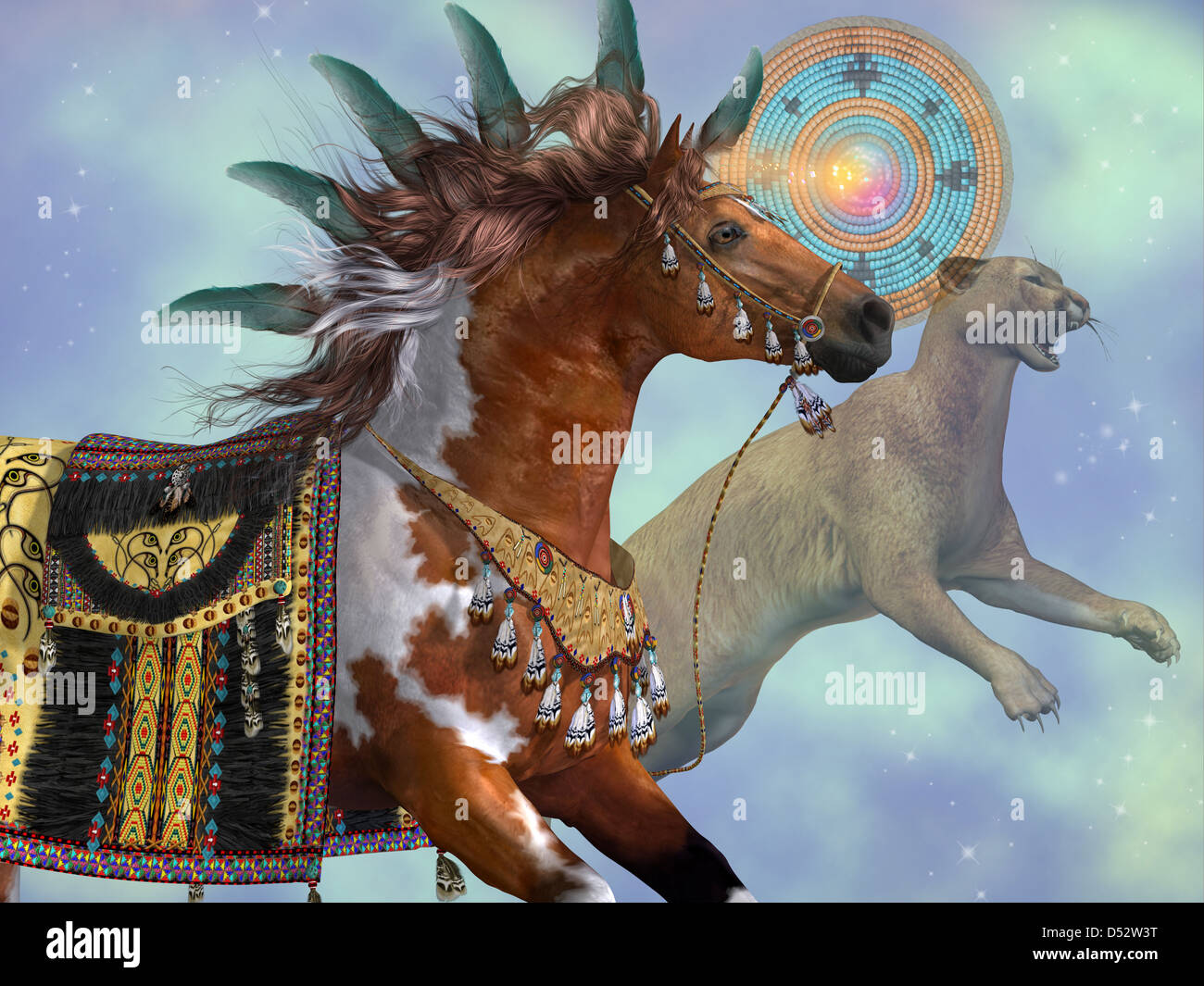 Un cheval et un chat cougar sont des symboles de la culture amérindienne. Banque D'Images