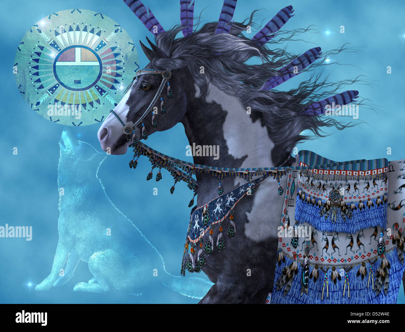 Un cheval noir et un loup sont des symboles de la culture amérindienne. Banque D'Images