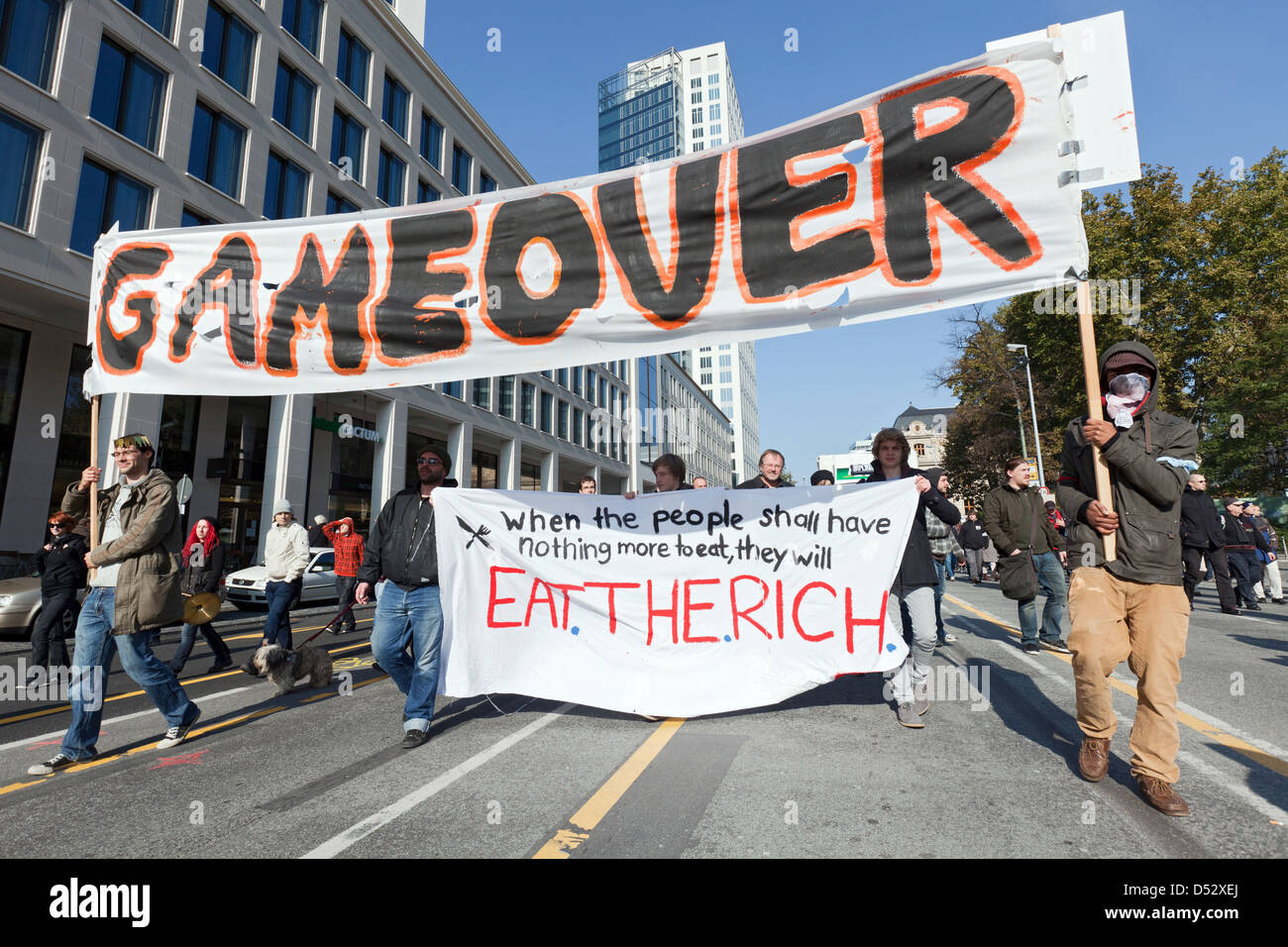 Frankfurt am Main, Allemagne, les partisans du mouvement Occupy le démontrer dans le centre-ville Banque D'Images