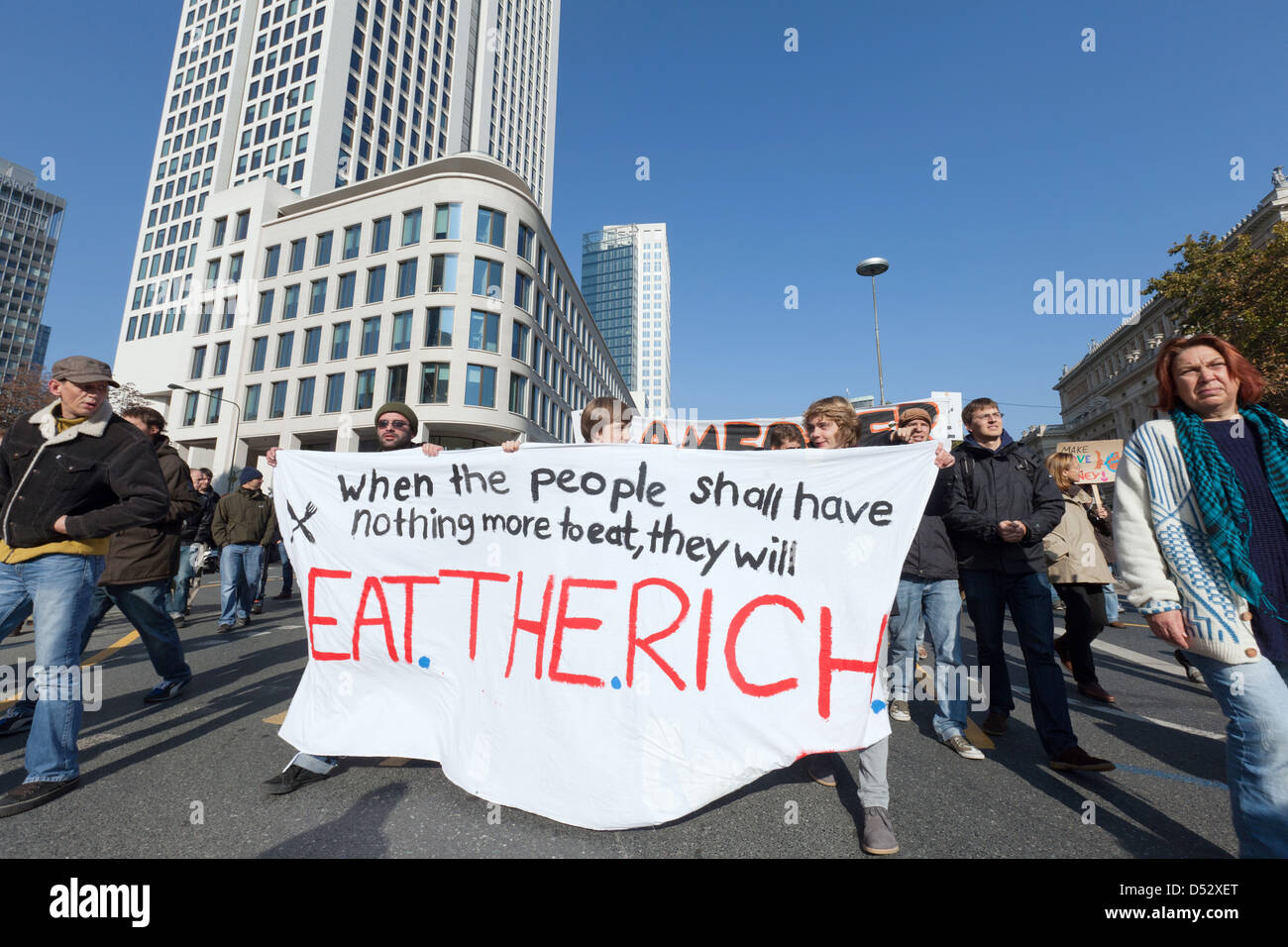 Frankfurt am Main, Allemagne, les partisans du mouvement Occupy le démontrer dans le centre-ville Banque D'Images