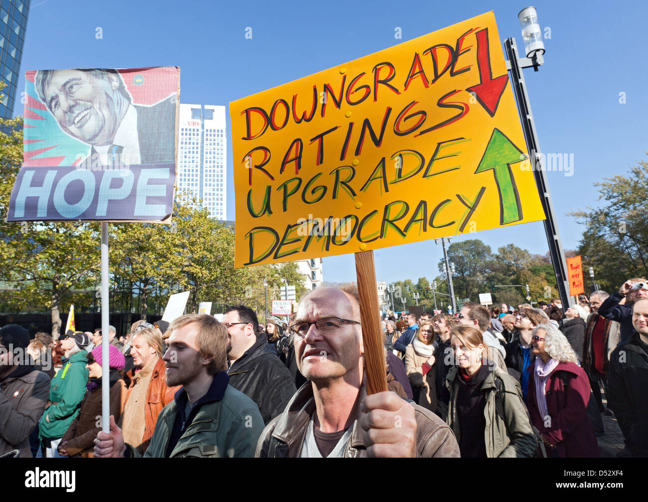 Frankfurt am Main, Allemagne, les partisans du mouvement Occupy le démontrer dans le centre-ville Banque D'Images