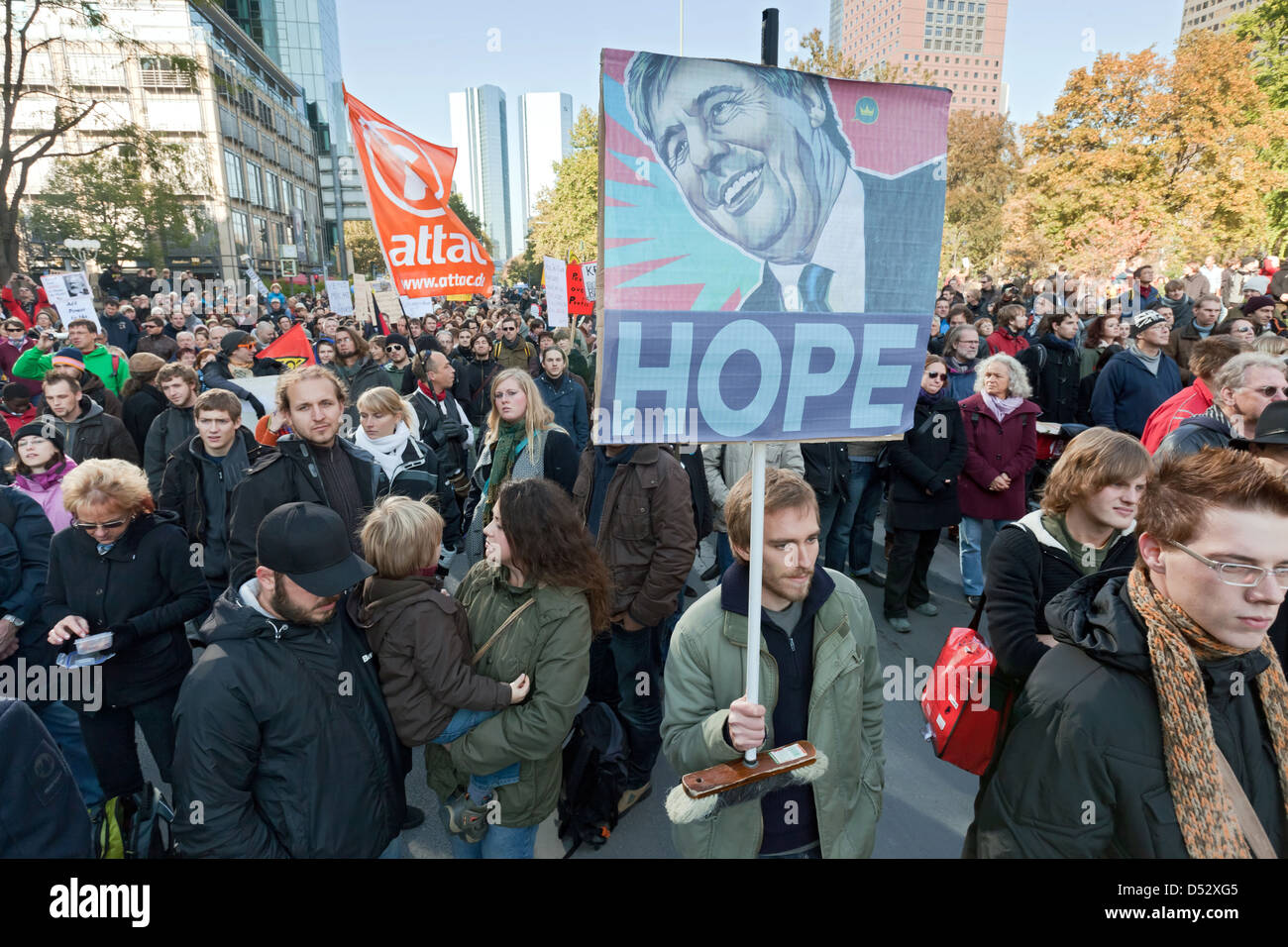 Frankfurt am Main, Allemagne, les partisans du mouvement Occupy le démontrer dans le centre-ville Banque D'Images