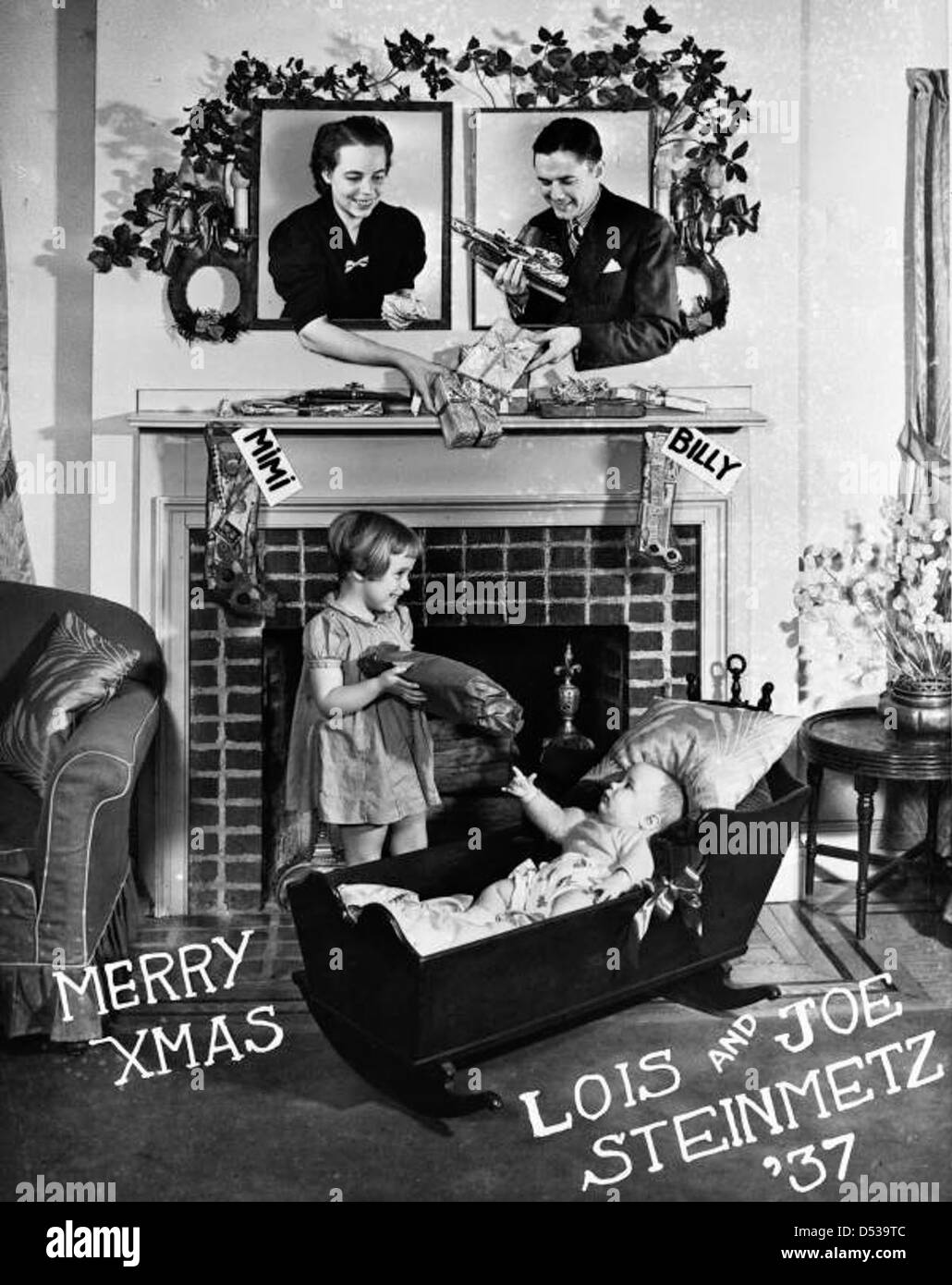 Une carte de Noël 1937 mettant en vedette la famille Steinmetz, dont Bill Steinmetz, Joe Steinmetz et lois Steinmetz (Duncan). L'image fait partie de la collection Joseph Janney Steinmetz, conservée dans la Bibliothèque d'État et les Archives de Floride, montrant un moment de vacances personnel d'une famille à Philadelphie, PA. Banque D'Images