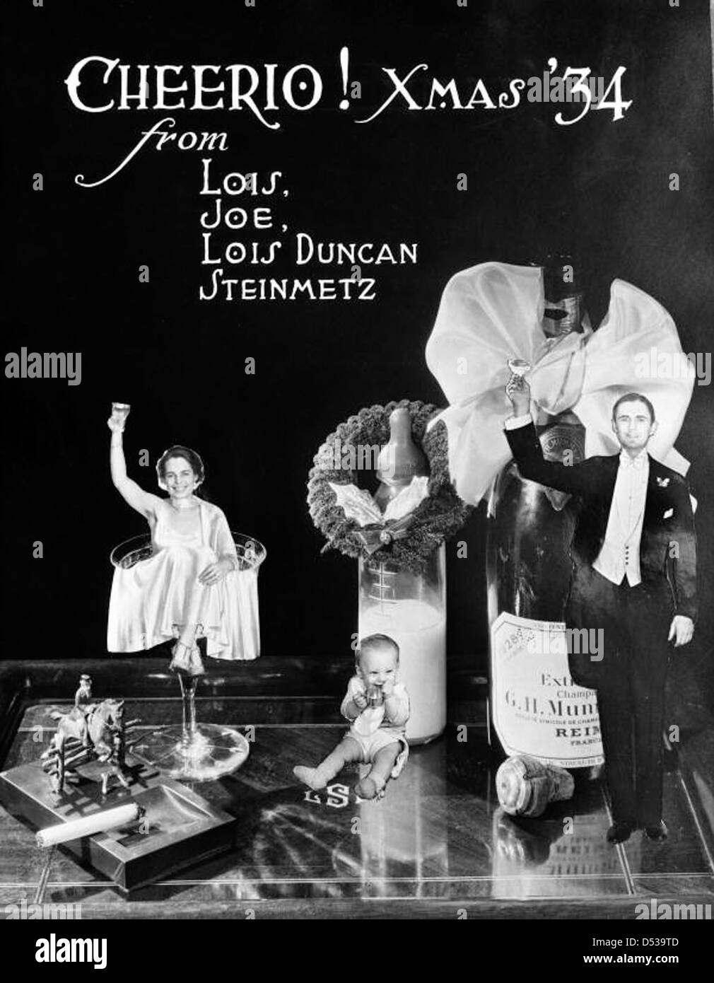 La carte de Noël familiale Steinmetz de 1934 met en valeur leurs vœux de vacances. La carte fait partie de la collection Joseph Janney Steinmetz et est un instantané de la vie de famille dans les années 1930 Banque D'Images