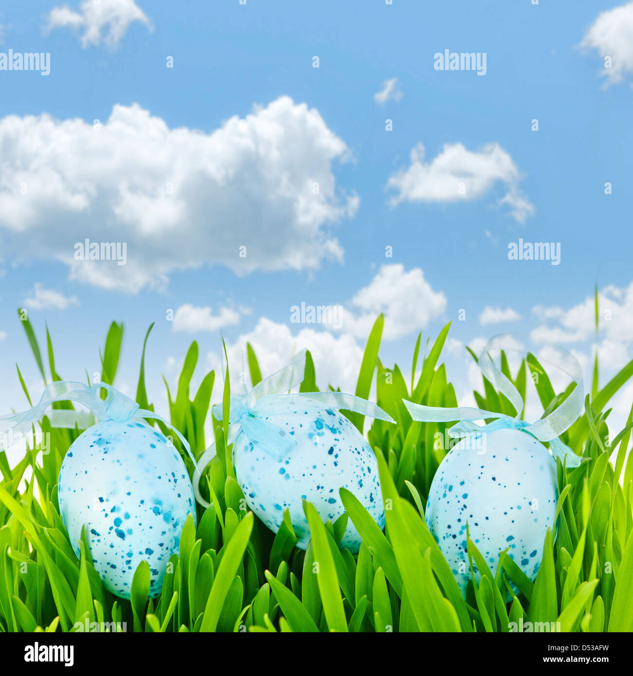 Trois oeufs de pâques mouchetée bleu avec des rubans dans l'herbe verte sur fond de ciel Banque D'Images