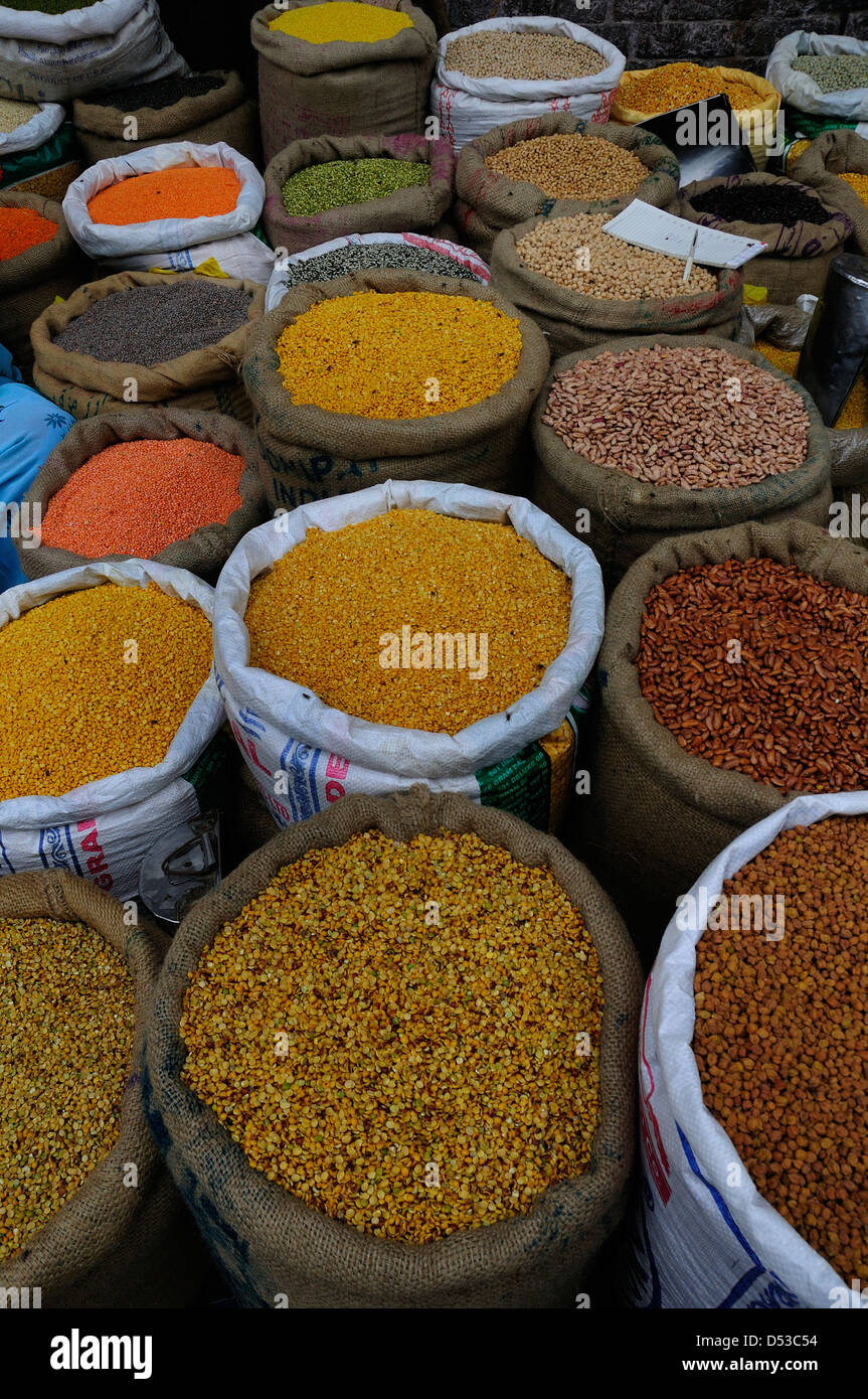 Marché des grains à Chandni Chowk dans Old Delhi. Banque D'Images
