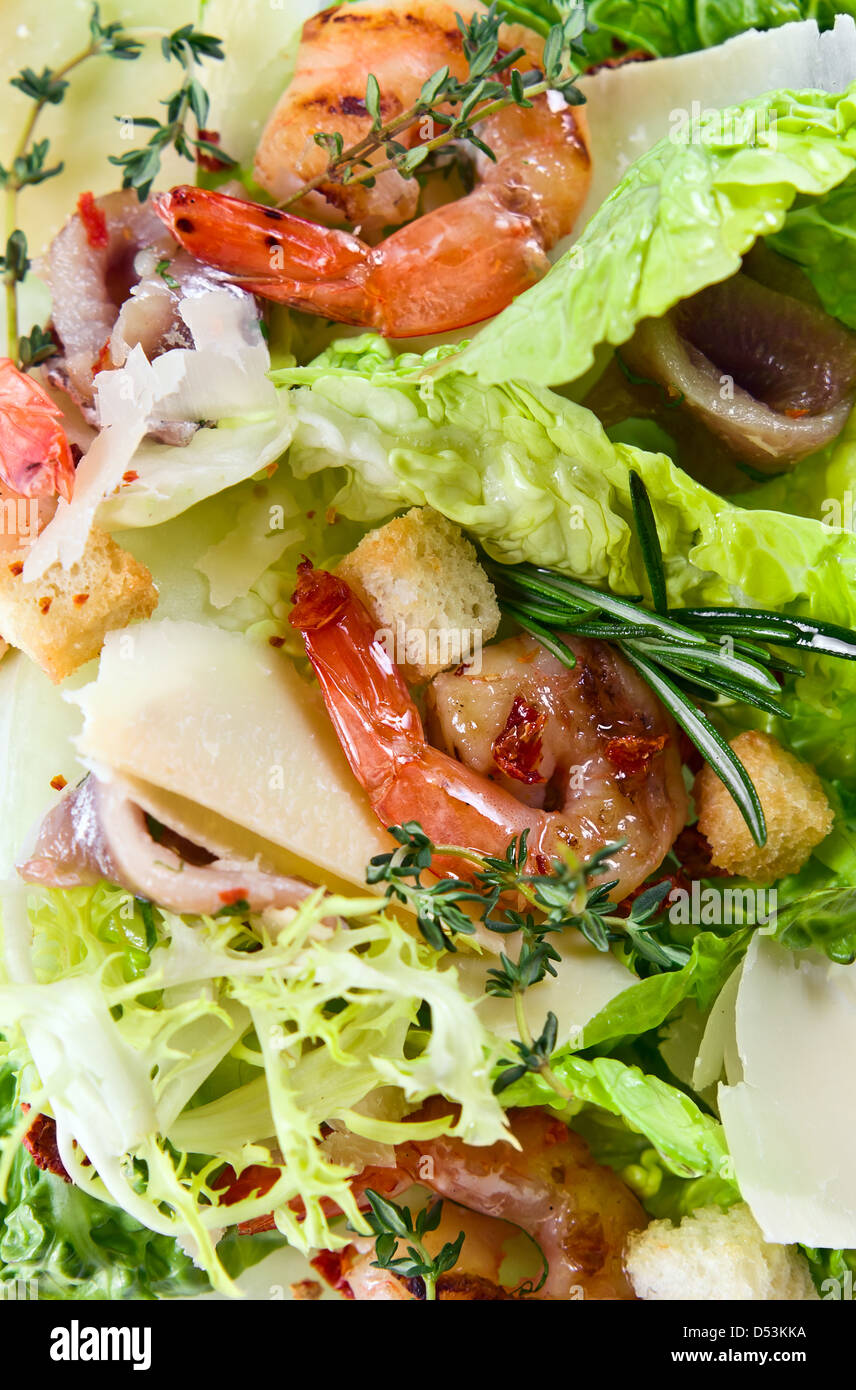 Salade de crevettes avec du fromage, anchois et verts Banque D'Images