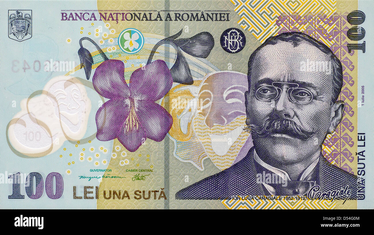 Portrait du dramaturge roumain, écrivain et journaliste Ion Luca Caragiale sur le recto d'un billet de 100 Lei roumain. Banque D'Images