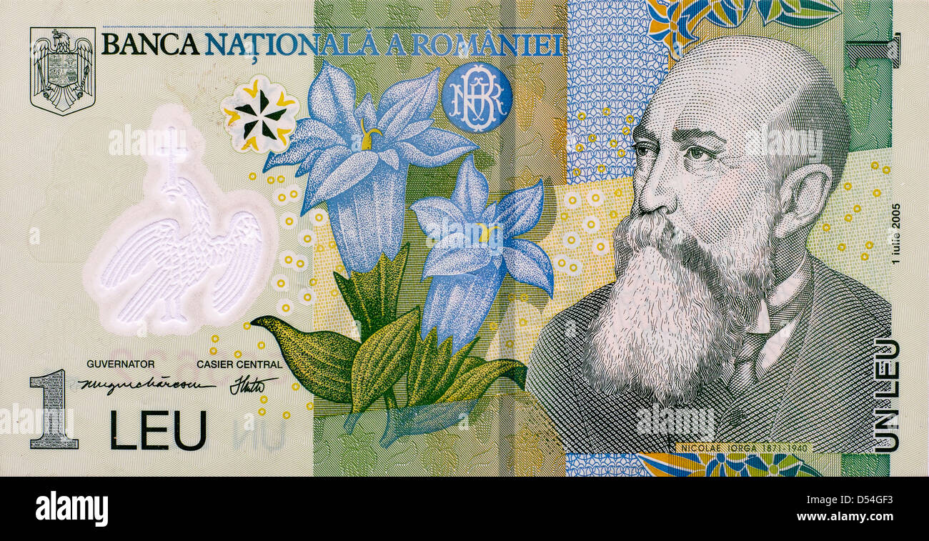 Portrait de Nicolae Iorga, scientifique et homme politique, sur le recto d'un billet de 1 Leu roumain Banque D'Images