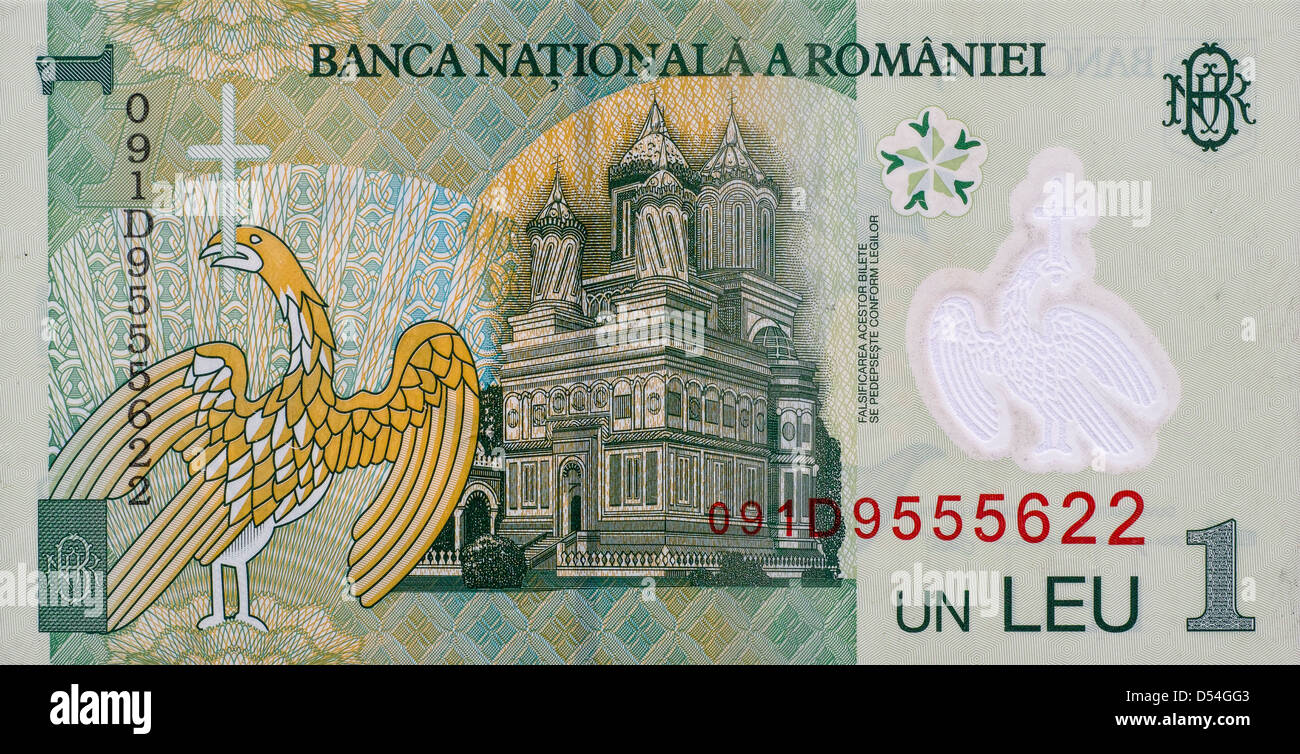 Le Monastère de Curtea de Arges (Légende de maître Manole) à l'arrière d'un billet de 1 Leu roumain Banque D'Images