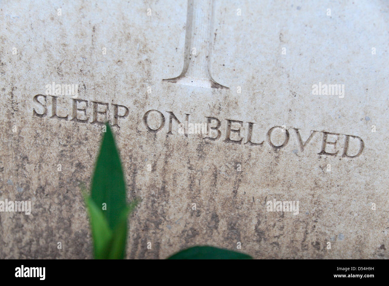 Sur 'SLEEP' bien-aimé, un poignant message personnel sur une tombe au cimetière britannique de Dantzig Alley, Mametz, Somme, Picardie, France. Banque D'Images