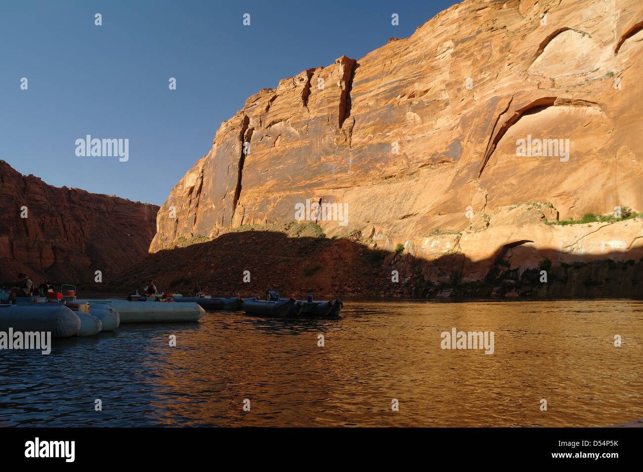 Sous le barrage de glen canyon - 7 Colorado River Discovery Ponton Flottant Motorise Radeaux Ci Dessous De Falaises De Gres En Aval Du Barrage De Glen Canyon Arizona D54p5k 