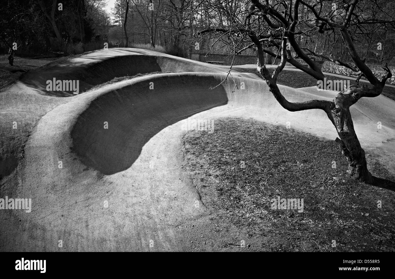 Piste de BMX, les courbes et les sauts avec arbre, paysage d'hiver en noir et blanc Banque D'Images