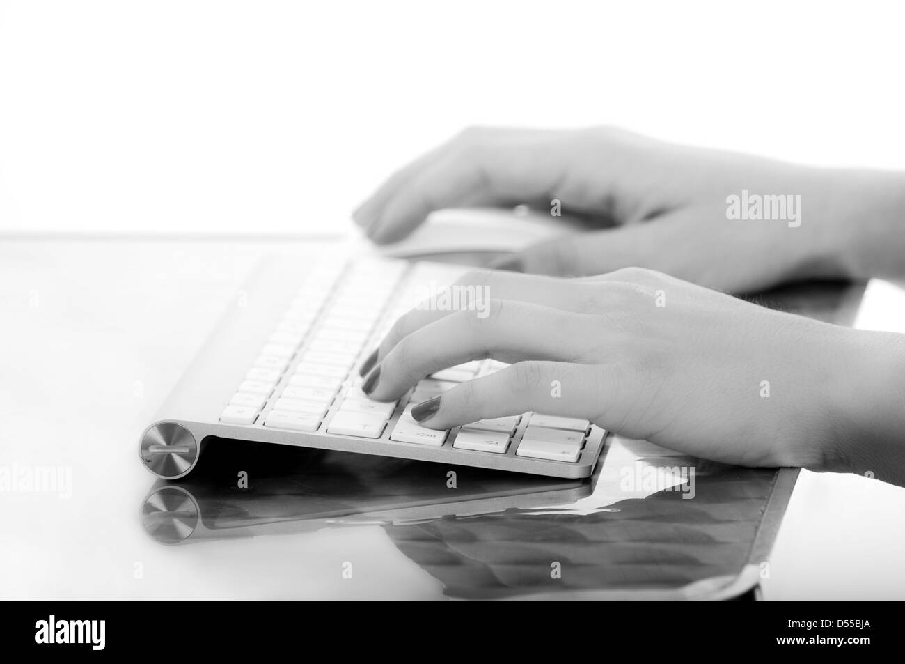 Les mains de la saisie sur clavier d'ordinateur blanc Banque D'Images