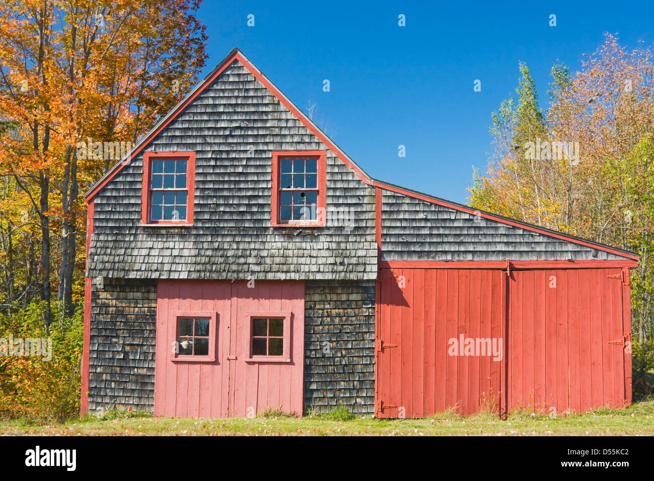 Ancien hangar de bardeaux de bois à l'automne dans le Maine. Banque D'Images