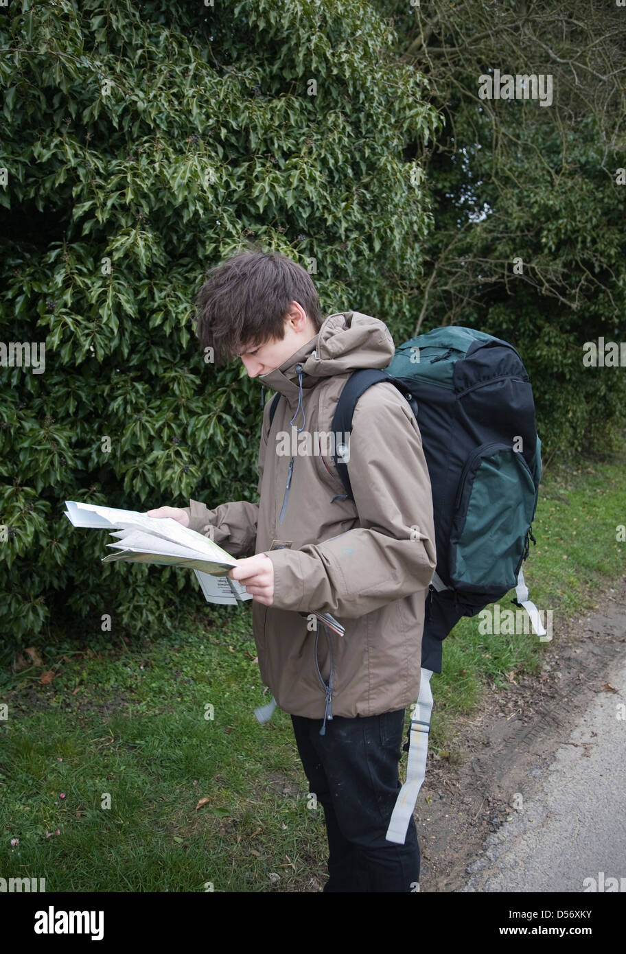 Parution modèle jeune homme hiker lecture de carte Banque D'Images