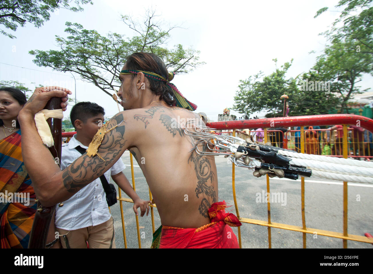 Singapour. 26 mars 2013. Un hindou dévot montre sa dévotion en perçant son dos avec crochets en métal au festival de Thaipusam. Le festival de Thaipusam commémore la victoire du bien sur le mal et est célébré par les dévots hindous qui portent le fardeau physique connu comme Kavadi avec porteurs et prendre pour percer leurs joues et langues avec crochets en métal et des brochettes. Credit : amer ghazzal / Alamy Live News Banque D'Images