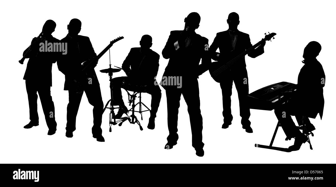 Groupe jouant de la silhouette isolated on white Banque D'Images
