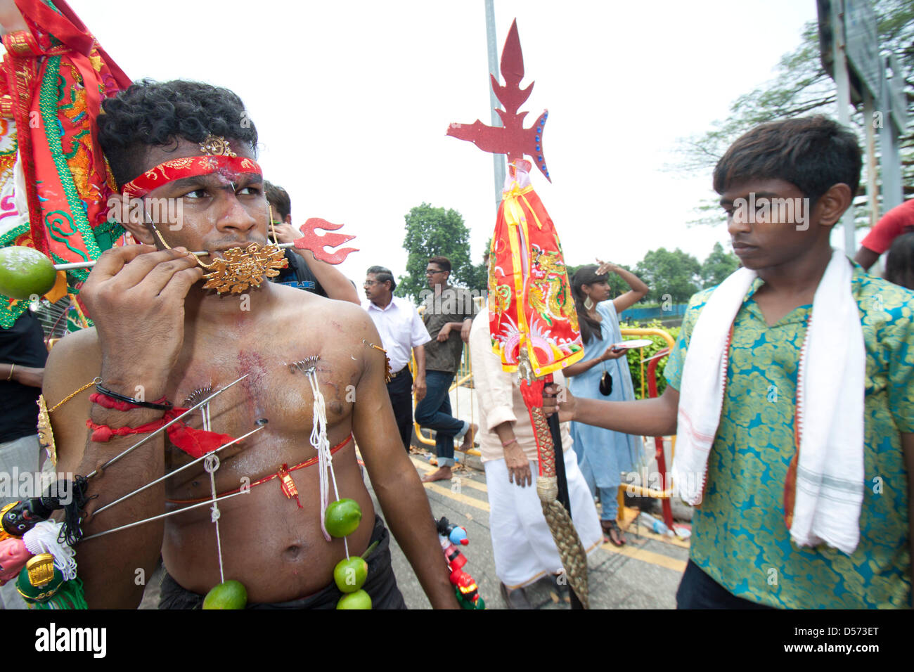 Singapour. 26 mars 2013. Le festival de Thaipusam commémore la victoire du bien sur le mal et est célébré par les dévots hindous qui portent le fardeau physique connu comme Kavadi avec porteurs et prendre pour percer leurs joues et langues avec crochets en métal et Crédit : Brochettes Amer Ghazzal/Alamy Live News Banque D'Images