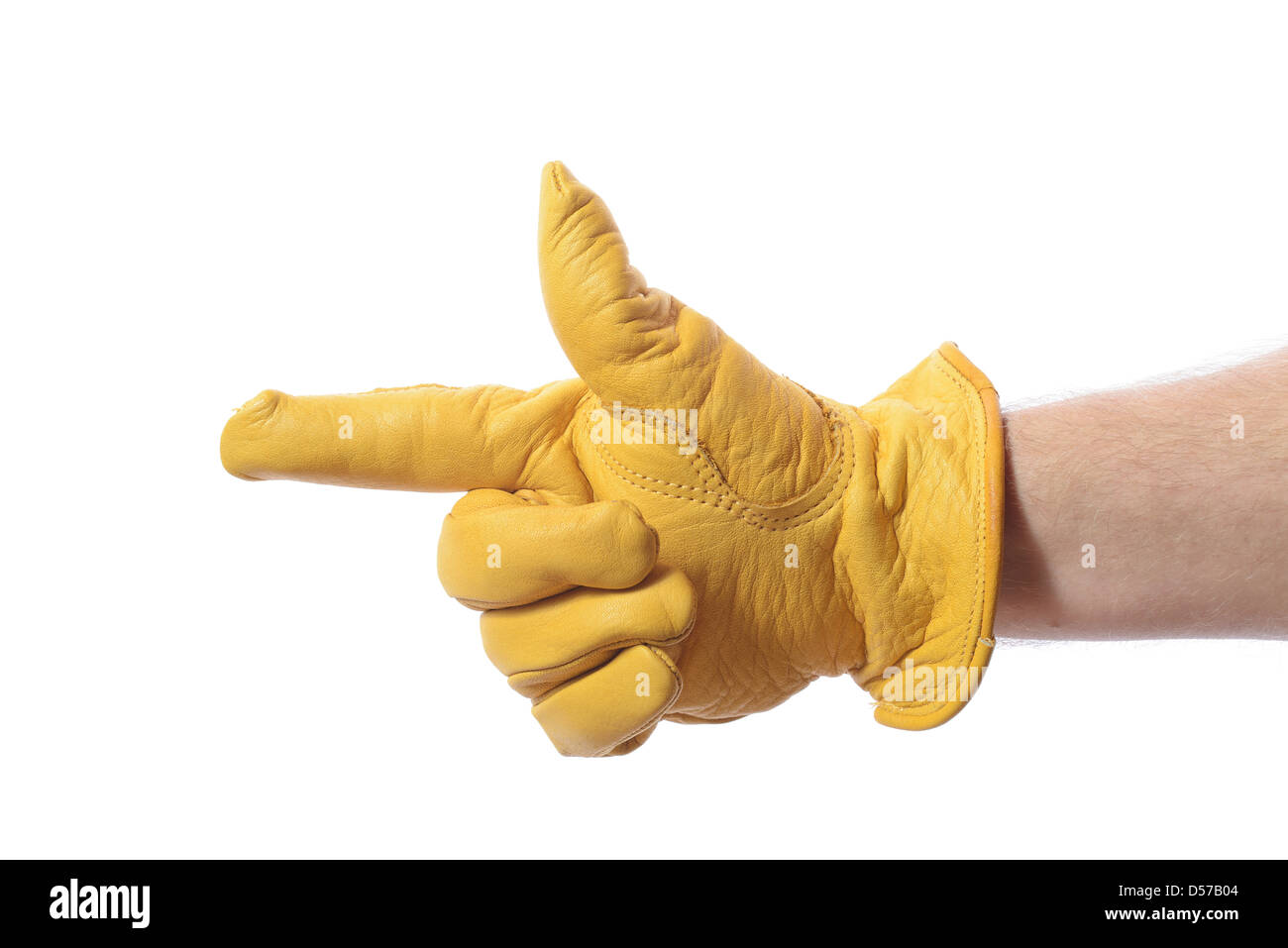 Construction Worker glove pointant vers l'espace de copie isolated on white Banque D'Images