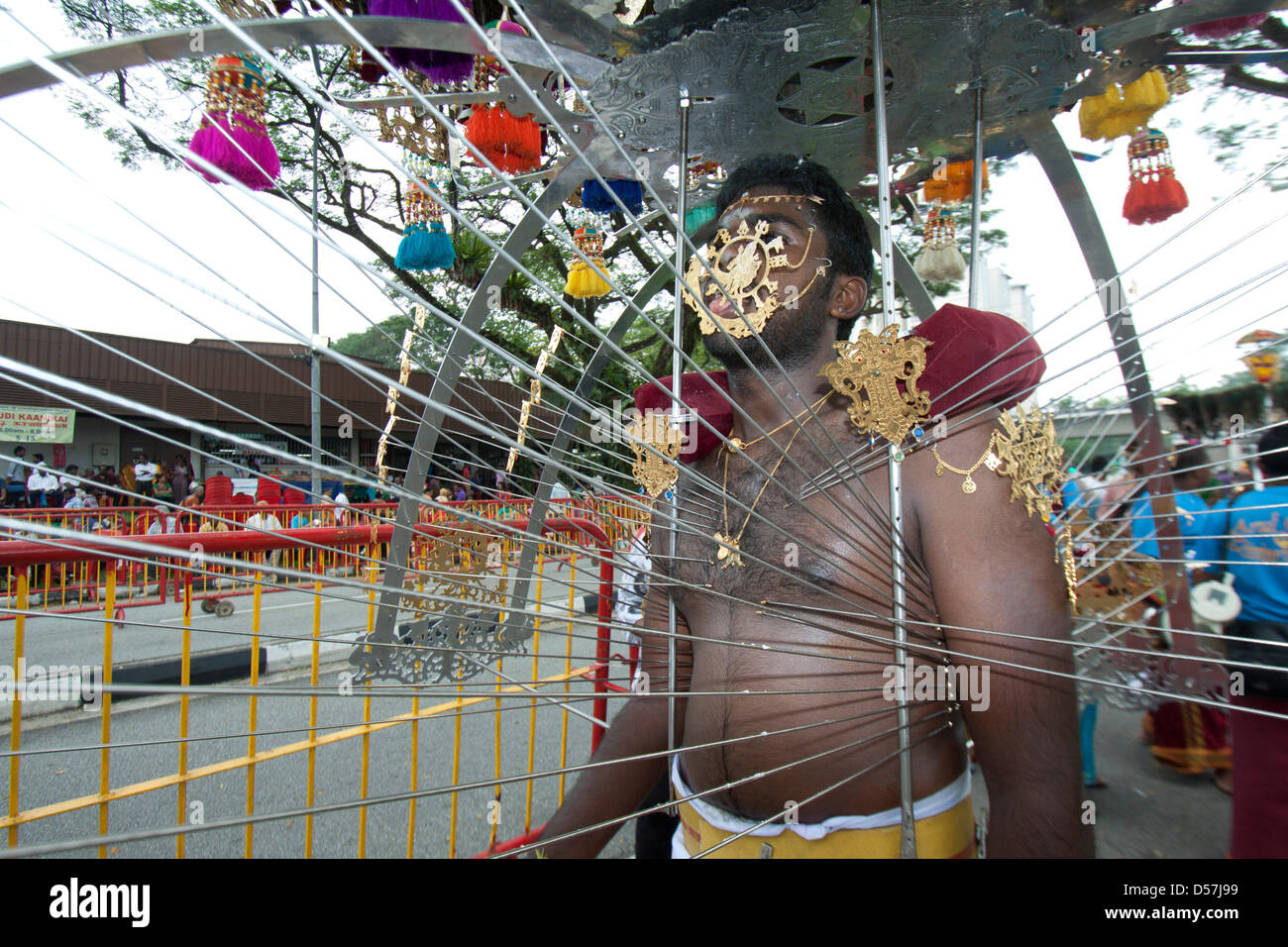 Singapour. 26 mars 2013. Le festival de Thaipusam commémore la victoire du bien sur le mal et est célébré par les dévots hindous qui portent le fardeau physique connu comme Kavadi avec porteurs et prendre pour percer leurs joues et langues. Credit : amer ghazzal / Alamy Live News Banque D'Images