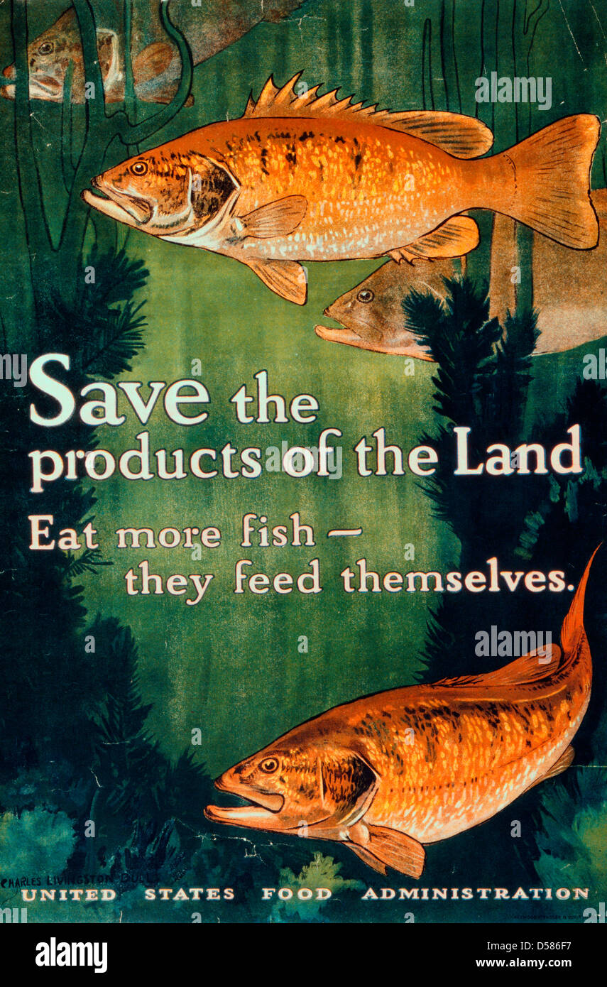 Enregistrer les produits de la terre manger plus de poisson qu'ils nourrissent eux-mêmes United States Food Administration - LA PREMIÈRE GUERRE MONDIALE avant 1917 Accueil affiche Banque D'Images