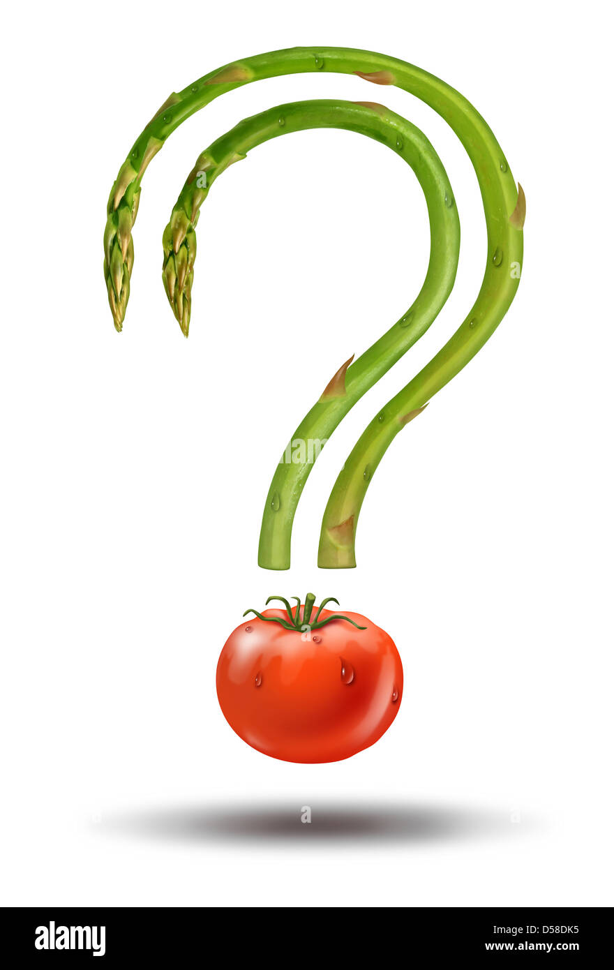 Les choix santé et le régime alimentaire des réponses aux questions d'aliments frais aux asperges et une tomate en forme de point d'interrogation comme un concept d'épicerie santé naturelle des ingrédients. Banque D'Images
