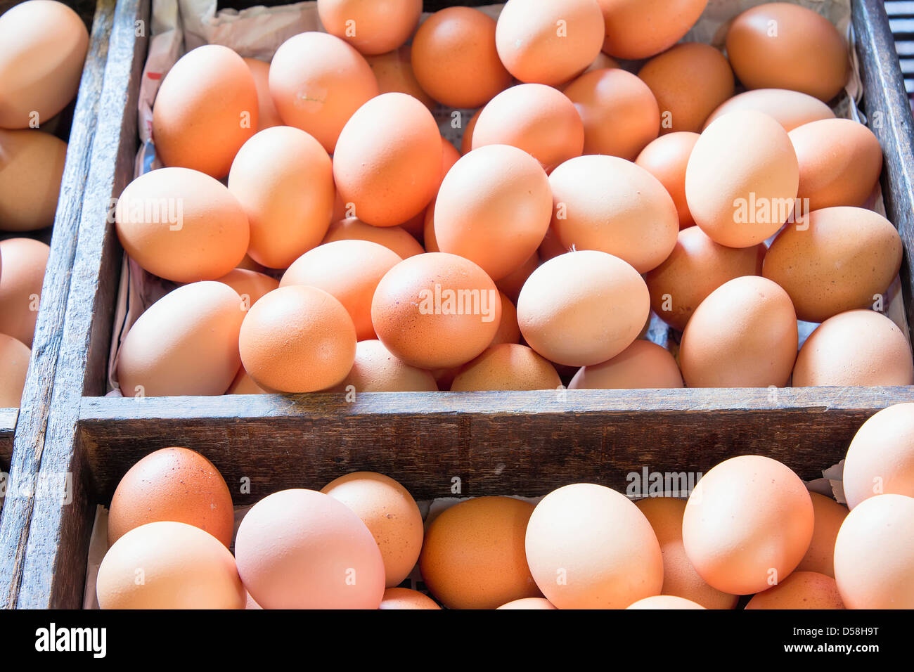 Farm Fresh Brown Les oeufs de poule dans des caisses à Farmers Market Banque D'Images