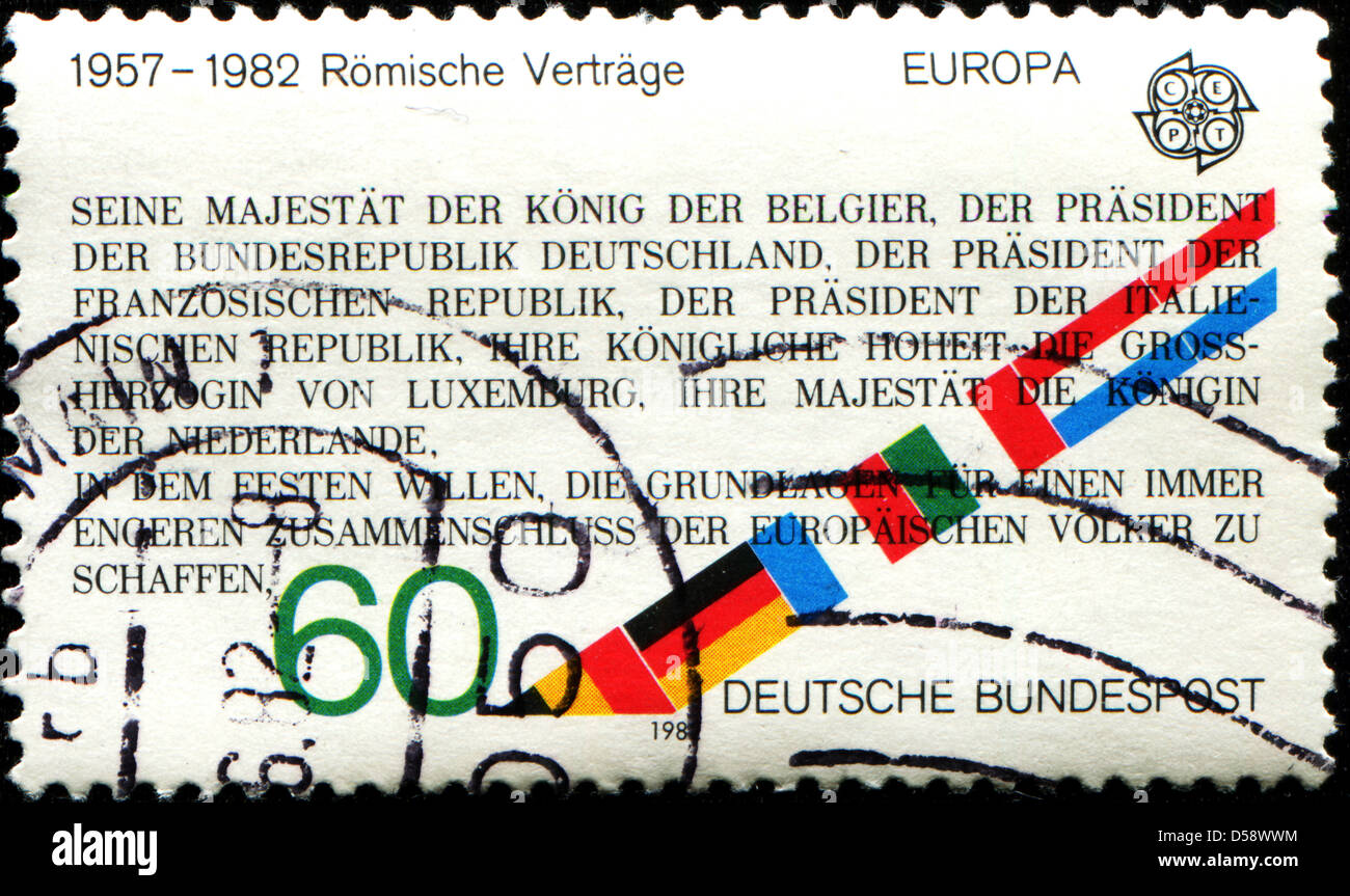 Allemagne - VERS 1982 : un timbre imprimé en République fédérale allemande montre le texte de traités de Rome, 25e anniversaire, vers 1982 Banque D'Images