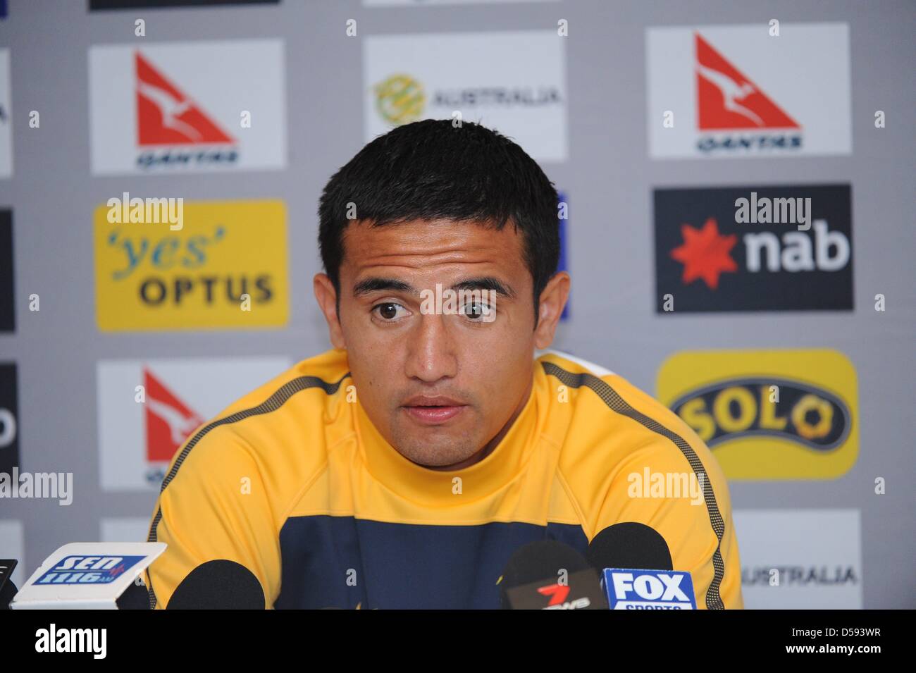 Australian National soccer team player Tim Cahill discussions au cours de conférence de presse avant une session de formation au Collège St Stithians à Johannesburg, Afrique du Sud 10 juin 2010. Photo : Achim Scheidemann dpa  + + +(c) afp - Bildfunk + + + Banque D'Images