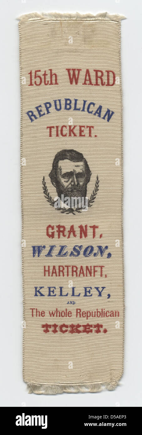 Ce ruban du billet républicain du 15e quartier, datant d'environ 1872, présente Ulysses S. Grant et d'autres personnalités politiques telles que John F. Hartranft et William D. Kelley. Il met en lumière la campagne politique de l'époque, le Parti républicain jouant un rôle prépondérant. Banque D'Images