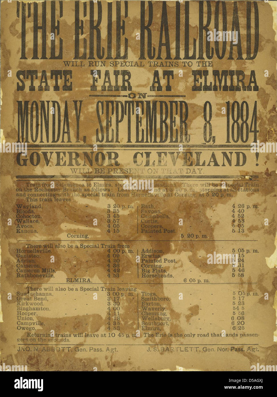Une publicité de l'Erie Railroad annonce des services ferroviaires spéciaux pour la foire de l'État de New York à Elmira, offrant le transport pour l'événement, mettant en évidence l'importance des chemins de fer pour faciliter l'accès aux événements publics. Banque D'Images