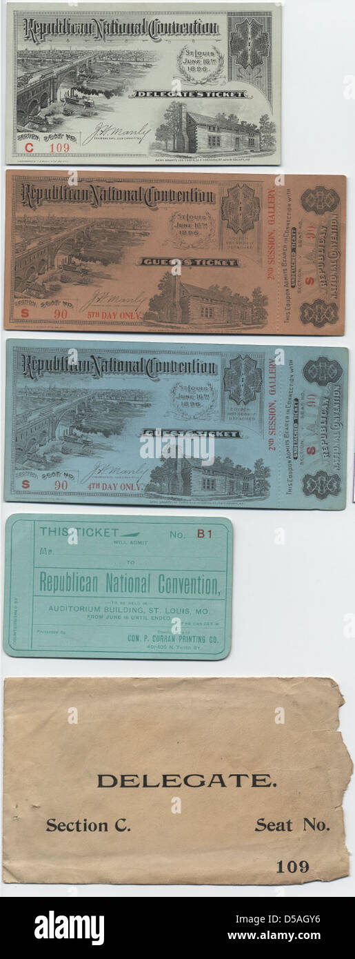 1896 Convention Nationale Républicaine et de l'enveloppe des billets d'entrée Banque D'Images