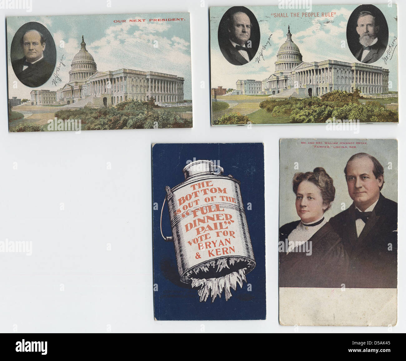 Les cartes postales de Bryan-Kern, datant de 1908, présentent des portraits de William Jennings Bryan et de sa colistière Mary Baird Bryan, dans le cadre de leur campagne politique. Les cartes postales soulignent l'histoire des élections américaines. Banque D'Images