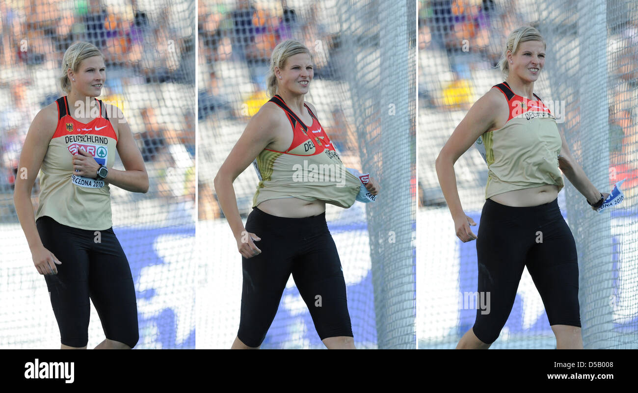 Le combo allemand caractéristiques photo Nadine Mueller comme elle se déchire le numéro de son maillot pendant le women's discus finale aux Championnats d'Europe d'athlétisme à Barcelone, Espagne, 28 juillet 2010. Photo : Rainer Jensen Banque D'Images