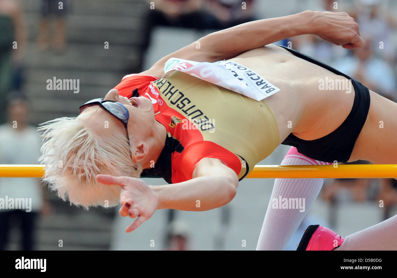 Haut allemand Friedrich Ariane cavalier saute au stade olympique Lluis Companys au cours de l'European Athletics Championships à Barcelone, Espagne, 30 juillet 2010. Elle s'est qualifié pour la finale. Photo : Rainer Jensen Banque D'Images