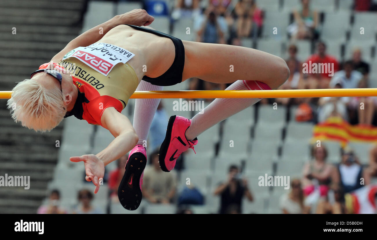 Haut allemand Friedrich Ariane cavalier saute au stade olympique Lluis Companys au cours de l'European Athletics Championships à Barcelone, Espagne, 30 juillet 2010. Elle s'est qualifié pour la finale. Photo : Rainer Jensen Banque D'Images