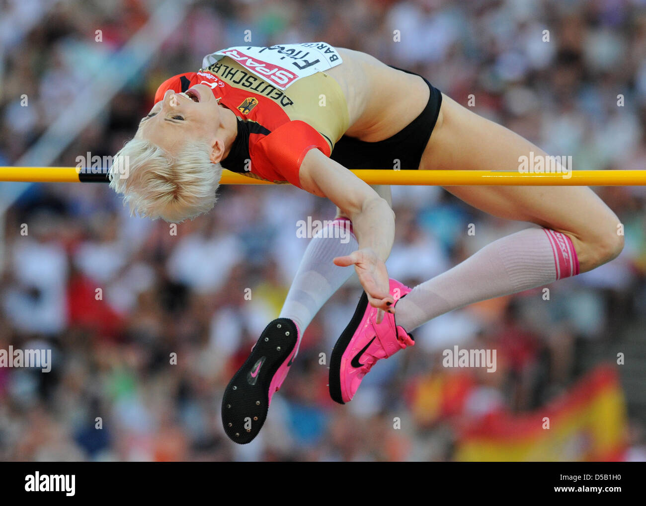Haut allemand Friedrich Ariane cavalier efface la barre dans le concours de saut en hauteur femmes à l'European Athletics Championships à Barcelone, Espagne, 01 août 2010. Friedrich a remporté la médaille de bronze : Photo : Rainer Jensen Banque D'Images