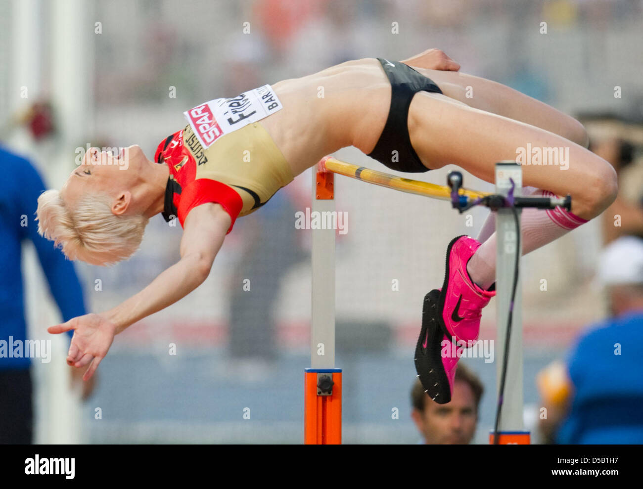 Haut allemand Friedrich Ariane cavalier efface la barre dans le concours de saut en hauteur femmes à l'European Athletics Championships à Barcelone, Espagne, 01 août 2010. Friedrich a remporté la médaille de bronze. Photo : Bernd Thissen ; Banque D'Images