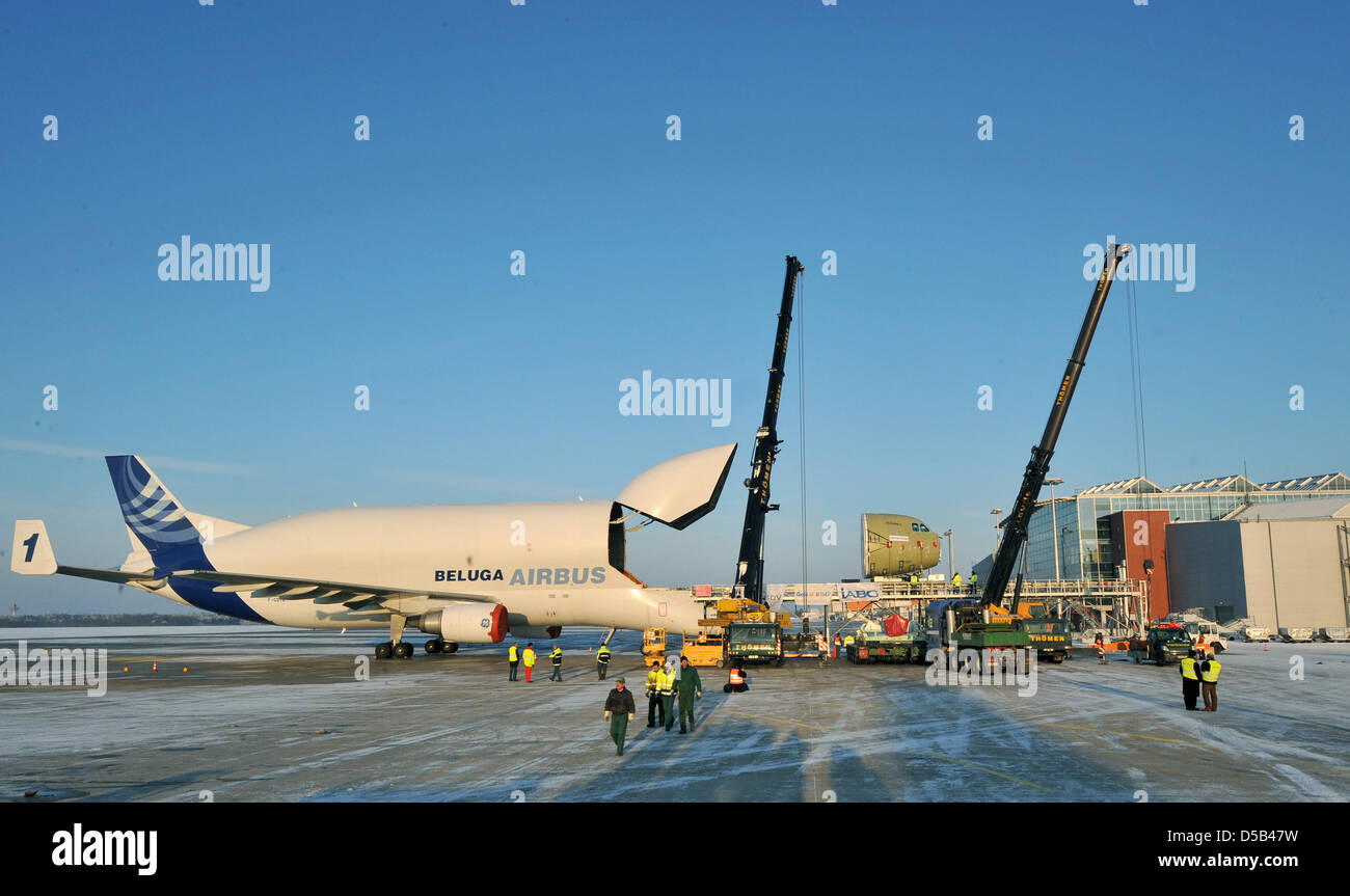 La section travailleurs décharger de pilotage d'un nouveau Airbus militaire A400M d'un fret de béluga avion à l'aéroport de Dresde, Allemagne, 05 janvier 2010. L'A400M entre dans une nouvelle phase de test. Après sa construction, l'avion fera l'objet d'un essai d'endurance. Jusqu'en 2012, l'avion va compléter plus de 25,000 vols simulés dans certains 75,000 heures d'échafaudages. Photo : RALF HIRSCHBERGER Banque D'Images