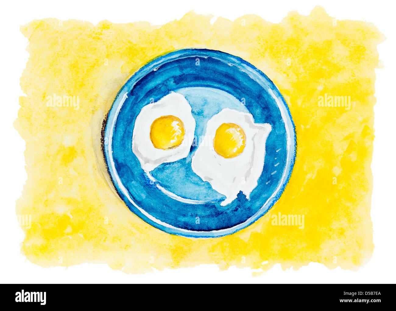 Désert d'œufs au plat sur une plaque bleue dans le sable isolé concept- Banque D'Images