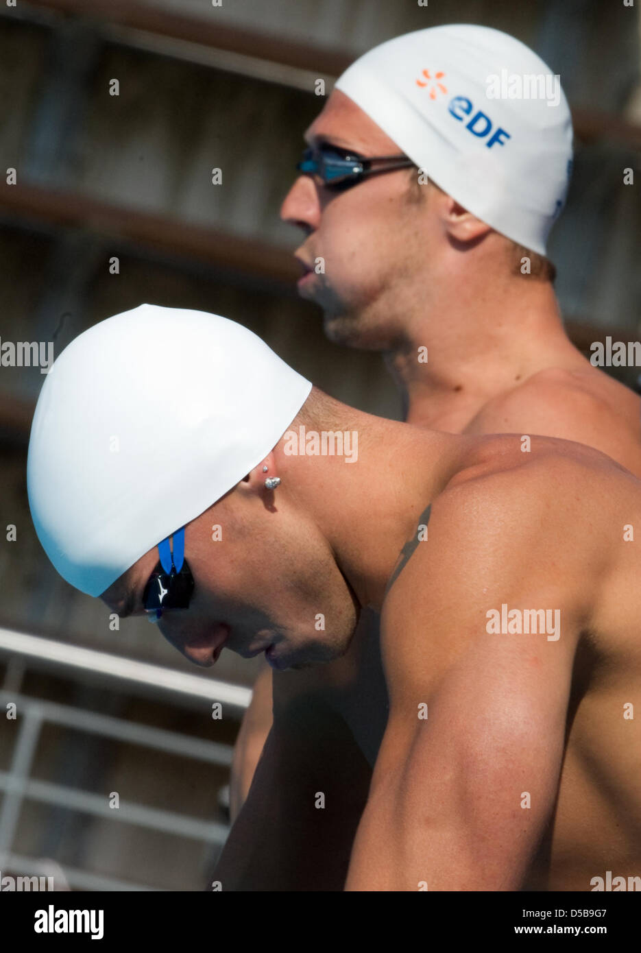 France's Alain Bernard (haut) et Frederick Bousquet démarrer dans un 50m nage libre lors de la 30e chaleur prelim LEN Championnats d'Europe à Budapest, Hongrie, 14 août 2010. Photo : BERND THISSEN Banque D'Images