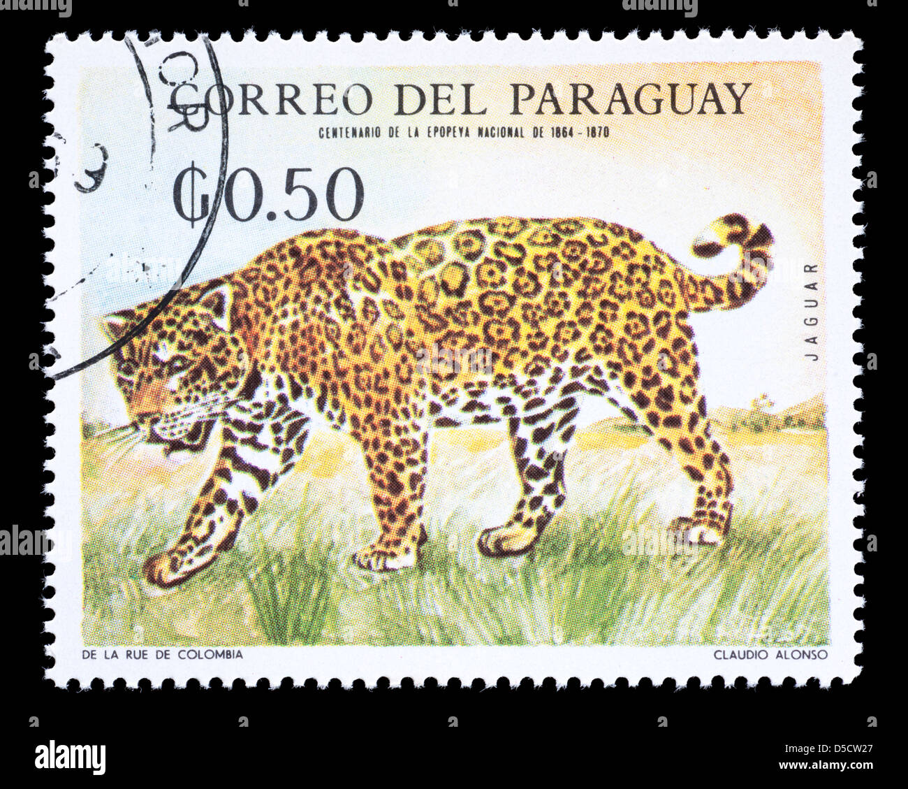 Timbre du Paraguay représentant un jaguar Banque D'Images