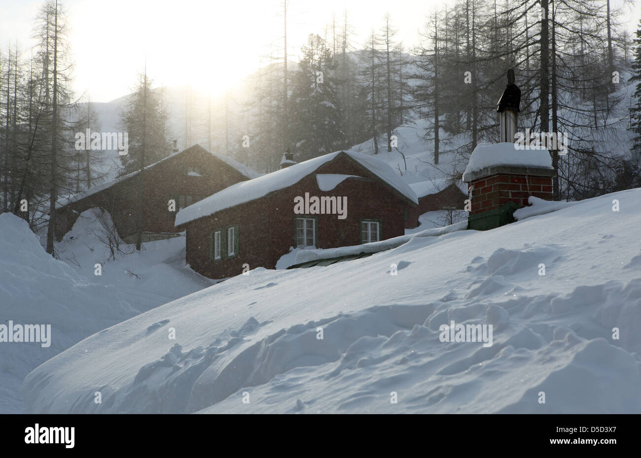 Krippenbrunn, Autriche, enneigées cabanes de bois Banque D'Images