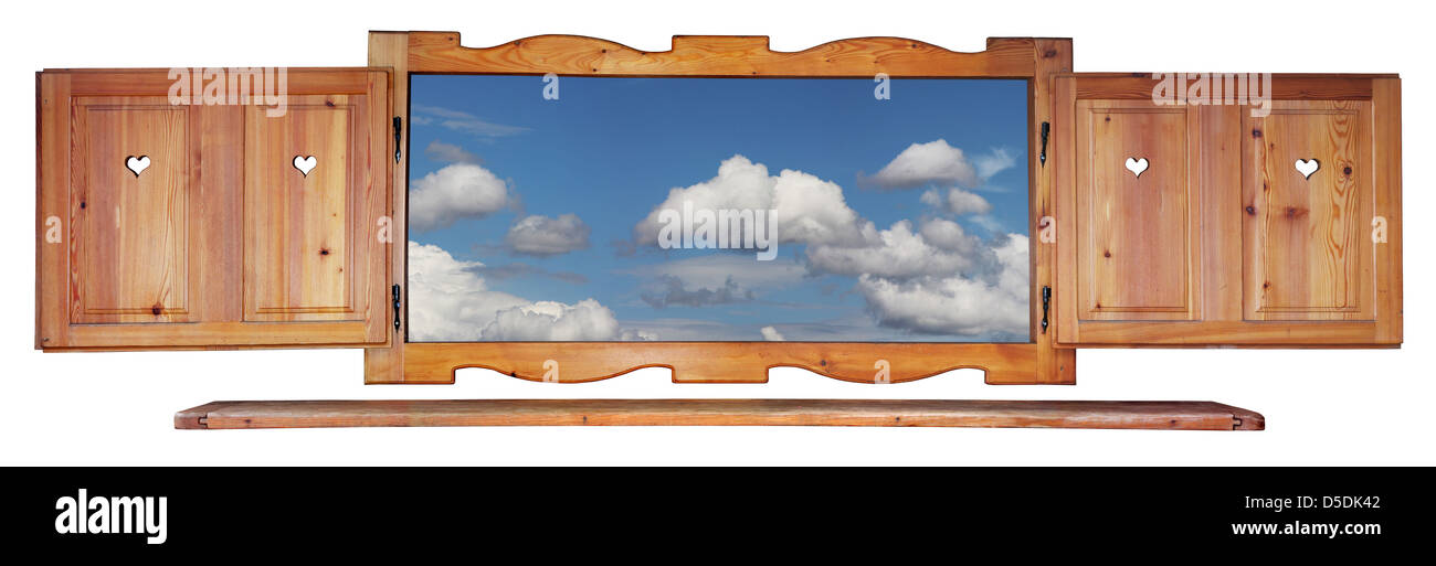 Fenêtre en bois ouvert avec une vue sur le ciel, isolé sur fond blanc Banque D'Images