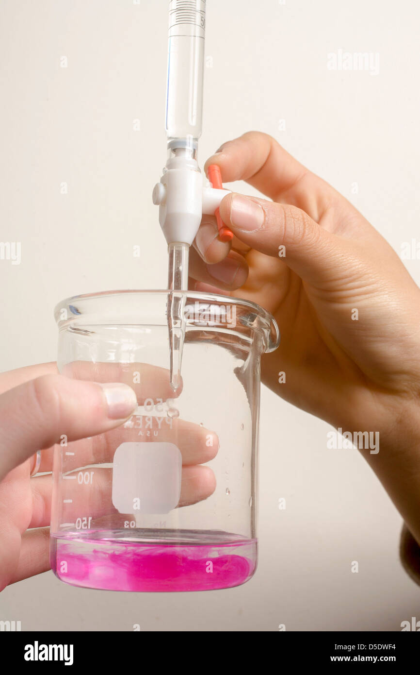 Une pipette les gouttes de vinaigre ordinaire (acide) dans un récipient contenant un volume précis d'hydroxyde de sodium (base) pour montrer le titrage Banque D'Images