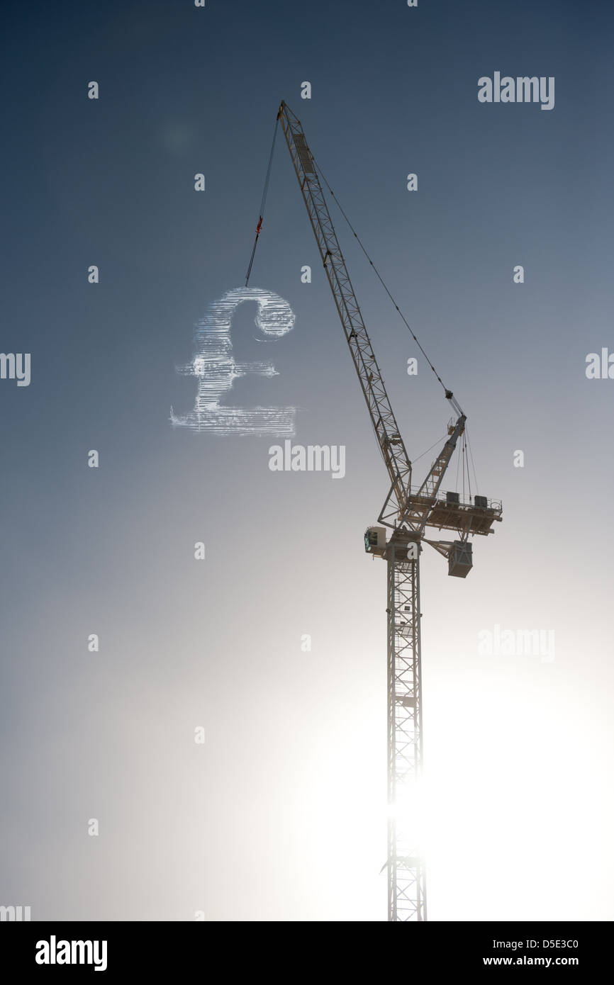 La silhouette d'une grue Levage d'une livre sterling symbole composé de cloud Banque D'Images