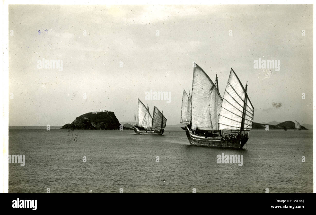 Cette image représente des jonques chinoises traditionnelles près de Ningpo, offrant un aperçu de la culture maritime de la Chine. La scène fait partie des archives de la Smithsonian institution, présentant des navires chinois historiques utilisés pour le transport et le commerce. Banque D'Images