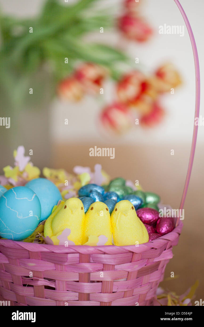 Panier de Pâques avec des fleurs de discussion Banque D'Images
